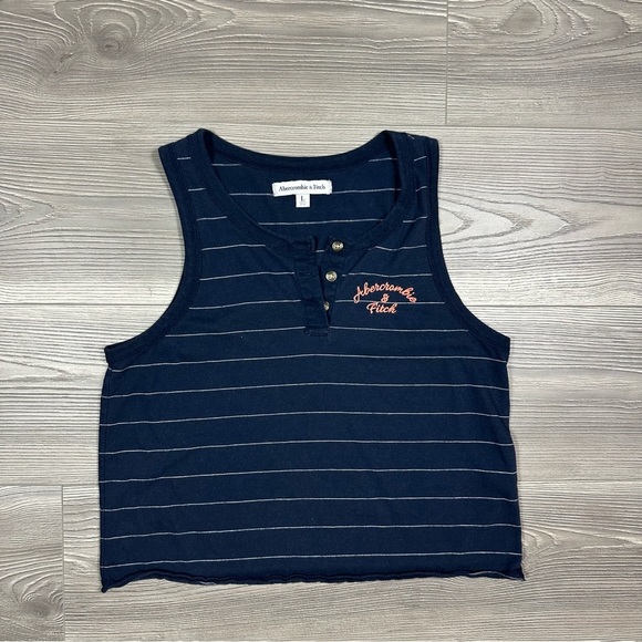 Abercrombie Y2K Cropped Henley Tank Navy Stripe Large Embroidered Logo - Picture 1 of 5